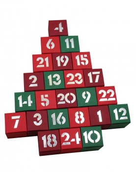 Adventskalender rot/grün/weinrot, Karton mit silbernen Zahlen für 24 Trüffel/Pralinen von ca. 3,5cm, Tannenform